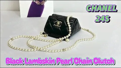 Chanel 24S Black Lambskin Pearl Chain Clutch with Champagne Gold Hardware. #chanelbag